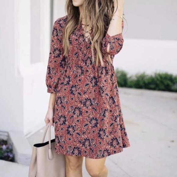 Madewell Maroon Red Assam Floral 100% Silk Lace Up 3/4 Sleeve Babydoll Dress - Picture 2 of 14